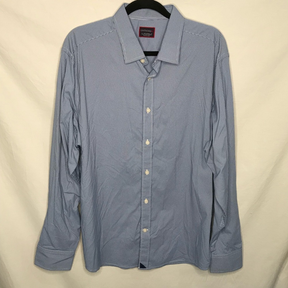 UNTUCKIt Men's‎ XXL Shirt Button-Up Nylon Performance Blue Micro Houndstooth EUC